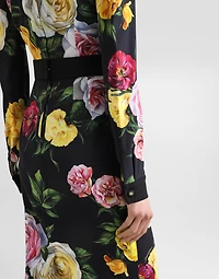 Calf-length cady shirt dress with peony and rose print