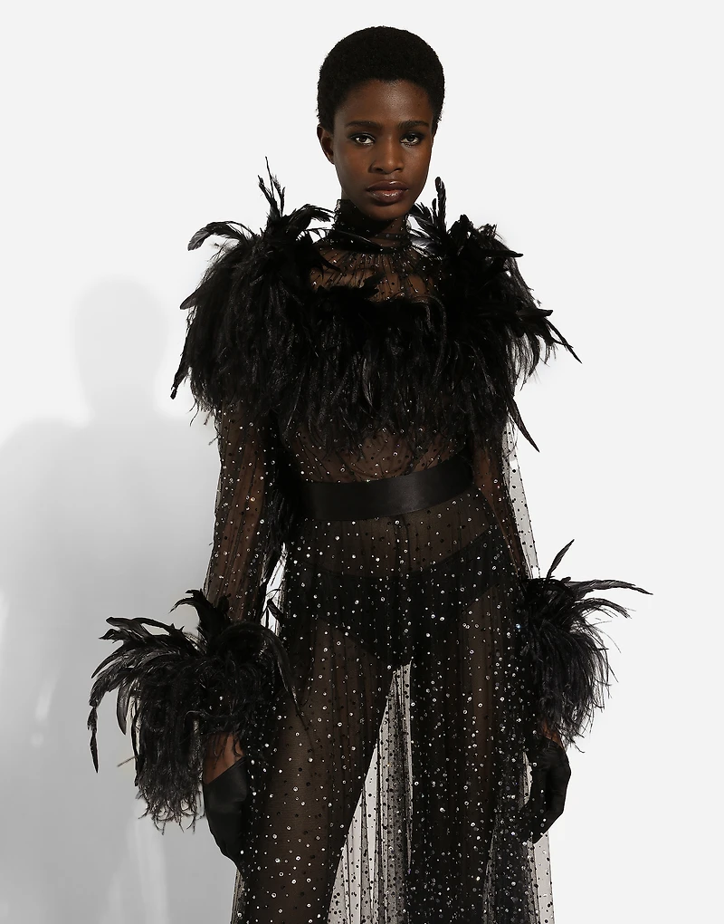 Calf-length stretch tulle dress with fusible rhinestones and rooster ostrich feather embellishment