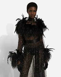 Calf-length stretch tulle dress with fusible rhinestones and rooster ostrich feather embellishment