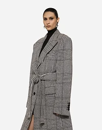 Single-breasted houndstooth check coat with belt