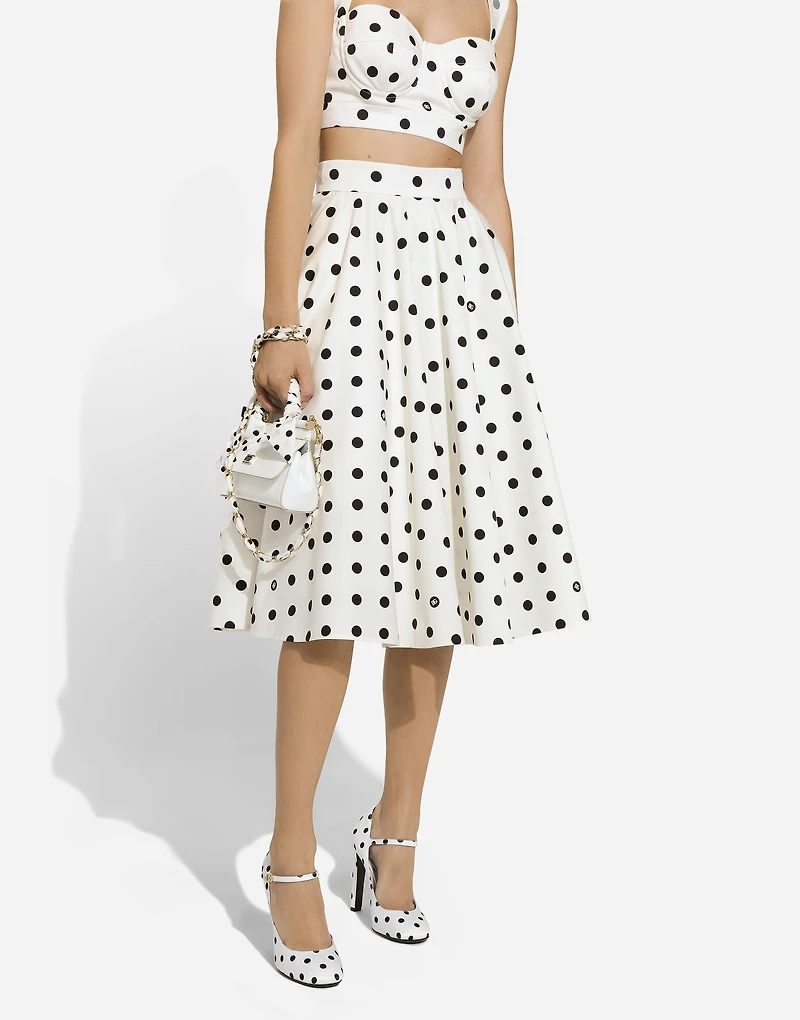 Cotton drill calf-length circle skirt with polka-dot print