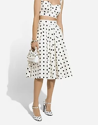 Cotton drill calf-length circle skirt with polka-dot print