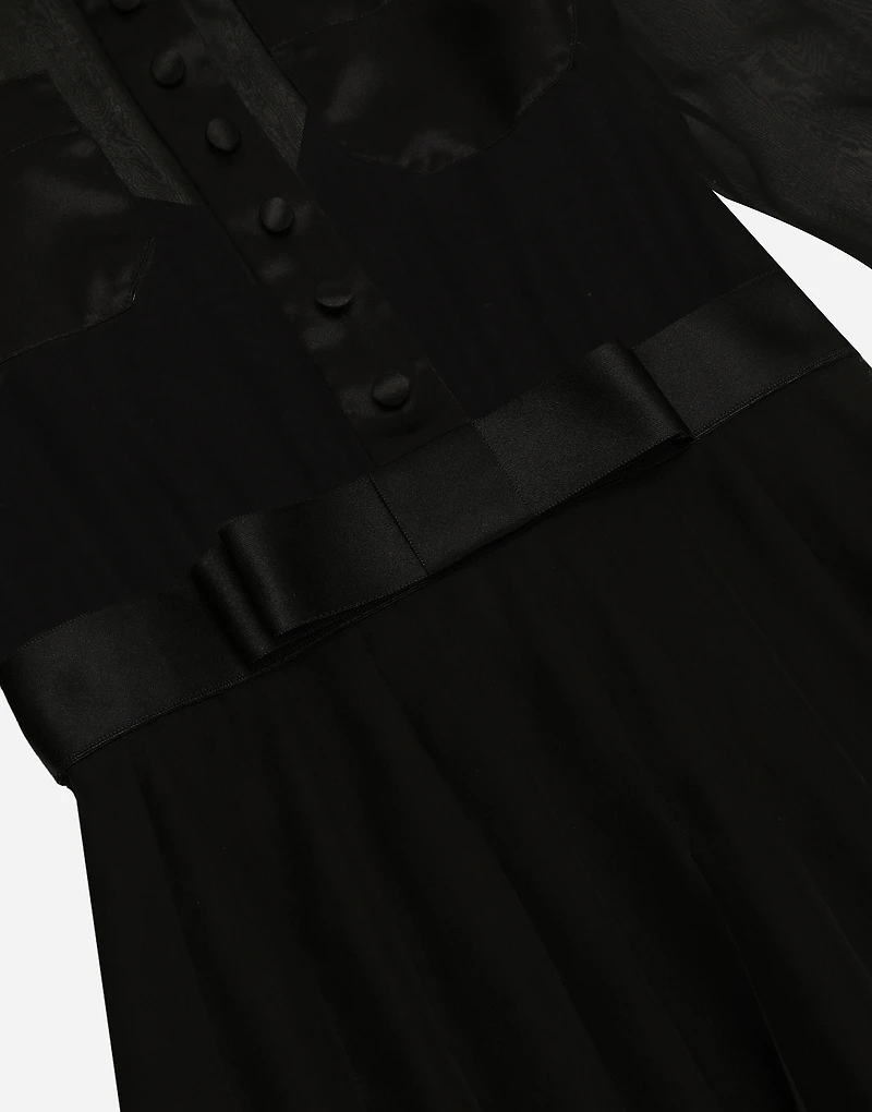 Chiffon calf-length shirt dress with satin details