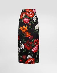 Flower-print satin skirt