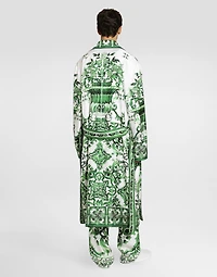 Oversize silk and yarn shirt with majolica print