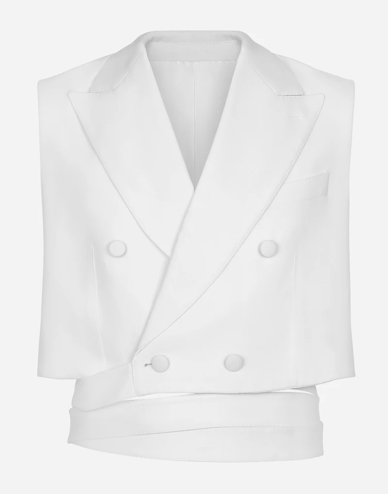 Belted cropped double-breasted wool waistcoat
