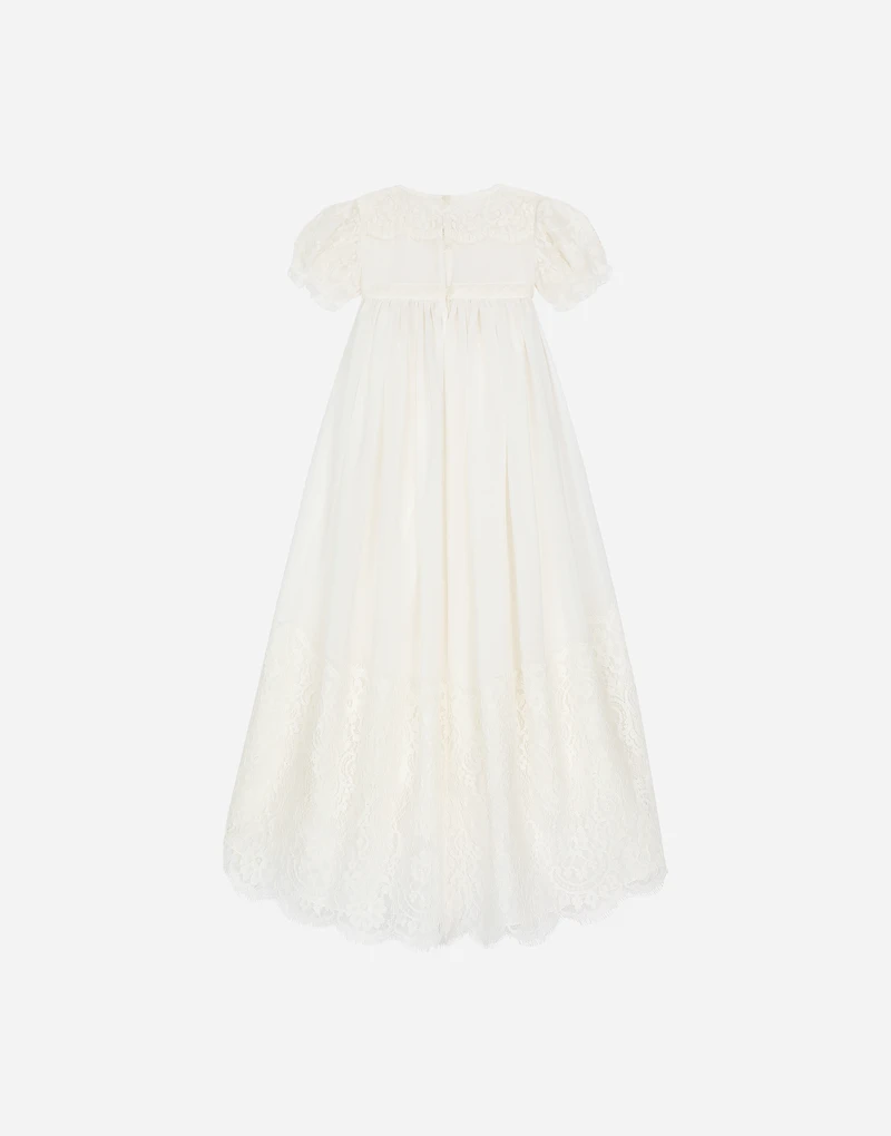 Empire-line silk muslin christening dress with short sleeves