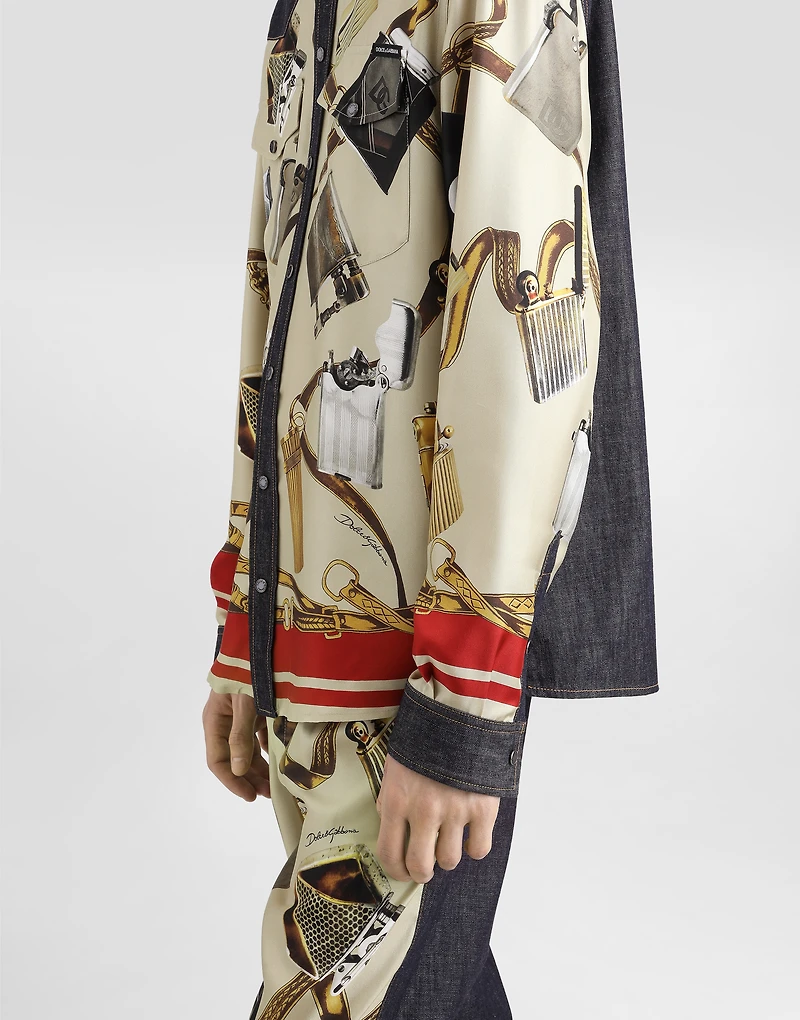Silk and denim shirt with lighter print