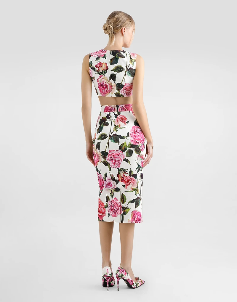 Cotton jacquard crop top with rose print