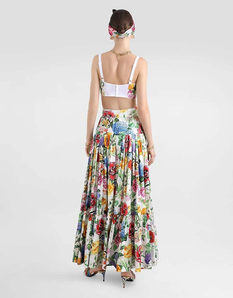 Long ruffled skirt floral-print cotton