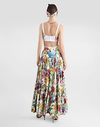 Long ruffled skirt floral-print cotton