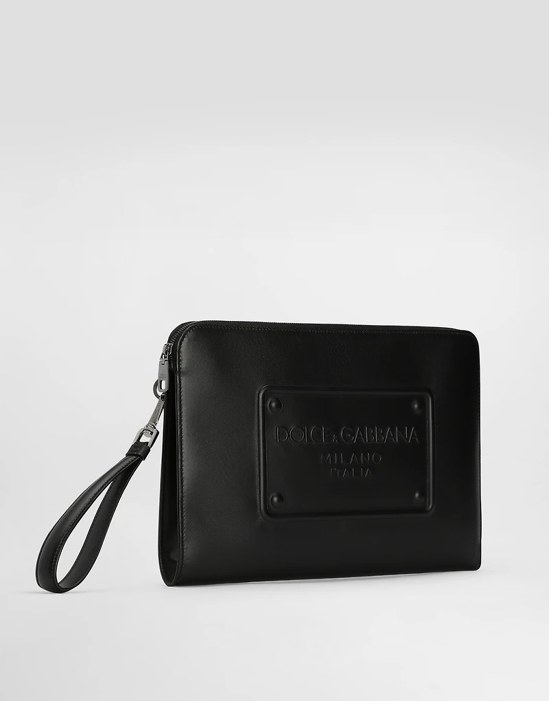 calfskin pouch with raised logo
