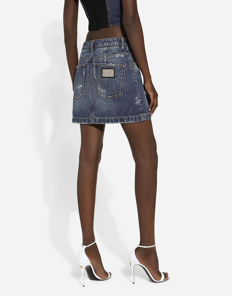 Denim mini skirt with rips