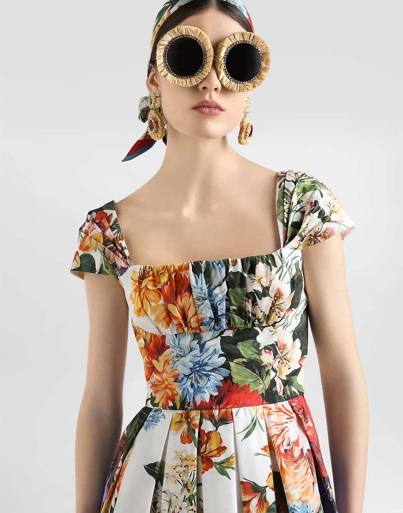 Flower bouquet-print poplin dress