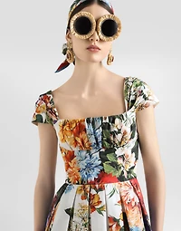 Flower bouquet-print poplin dress