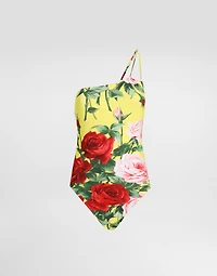 One-shoulder one-piece swimsuit with floral bouquet print