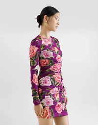 Charmeuse midi sheath dress with draping and rose print