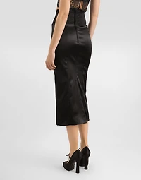 Satin calf-length skirt with corset-style belt detail