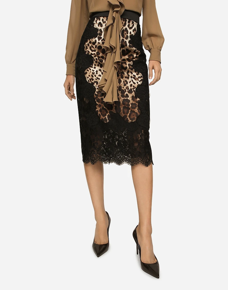 Leopard-print satin midi skirt with lace inserts