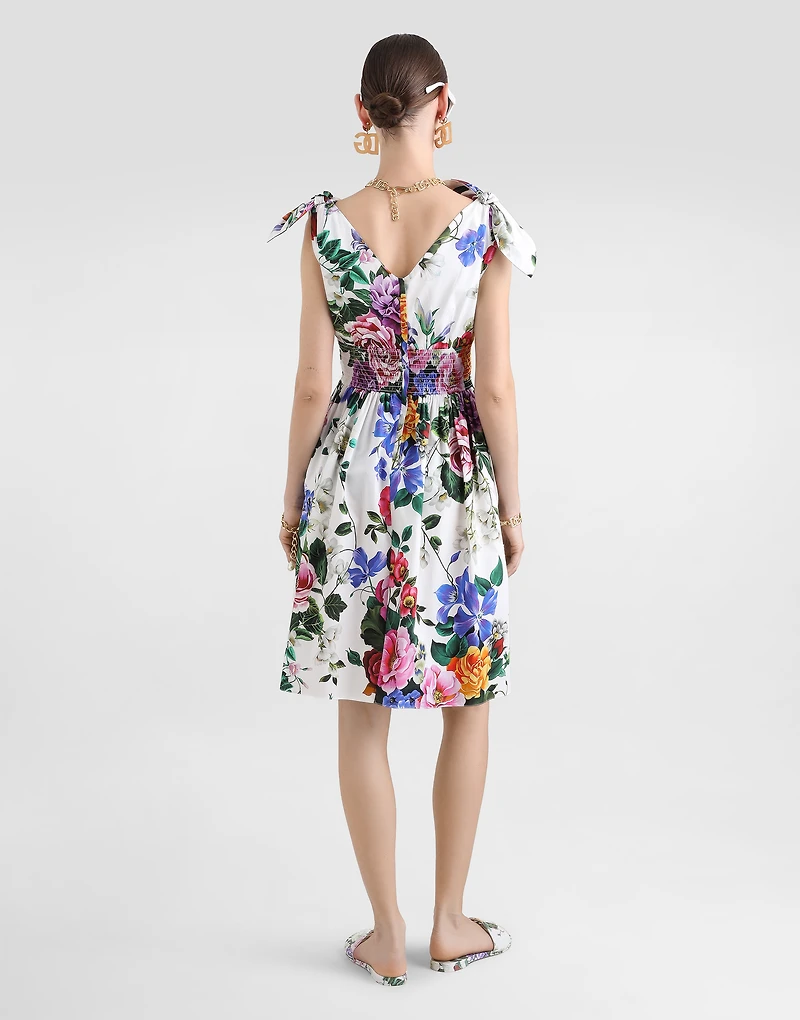 Cotton midi dress with floral print and tie details
