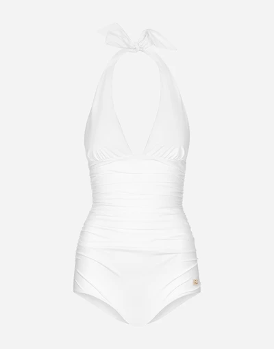 One-piece swimsuit with plunging neckline