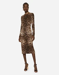 Leopard-print cady dress with long sleeves