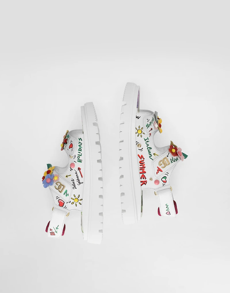 Printed calfskin sandals with flowers and DG logo