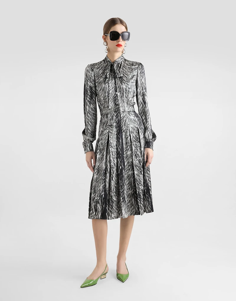 Fur-print calf-length shirt dress with pussy-bow