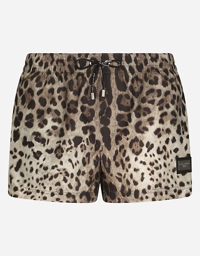 Short swim trunks with leopard print