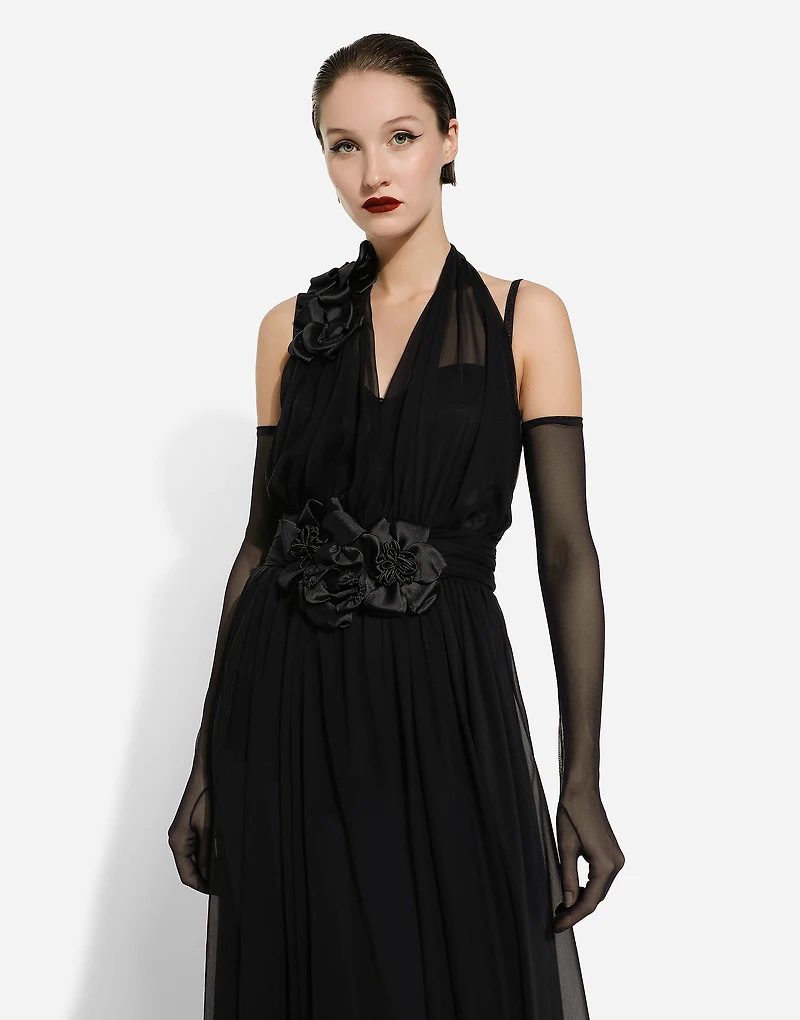 Long silk chiffon dress with floral appliqué