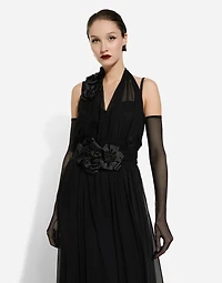 Long silk chiffon dress with floral appliqué