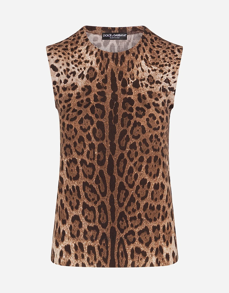Sleeveless wool sweater with leopard print