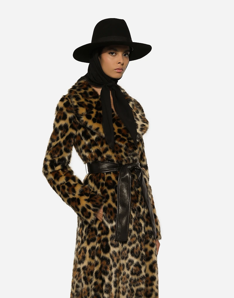 Long leopard-print faux fur coat