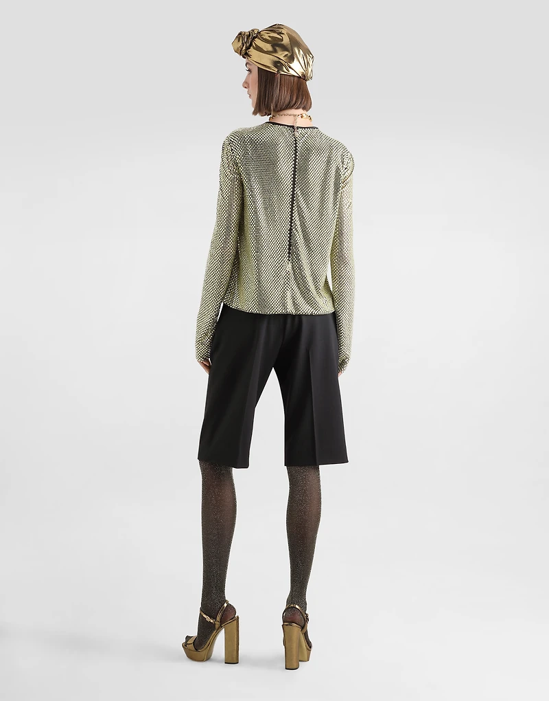 Long-sleeved top crystal mesh