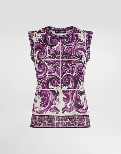 Majolica-print silk tank top