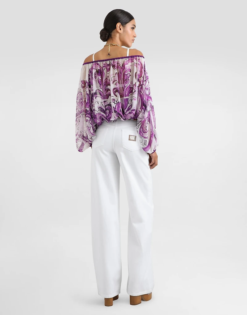 Majolica-print silk chiffon top