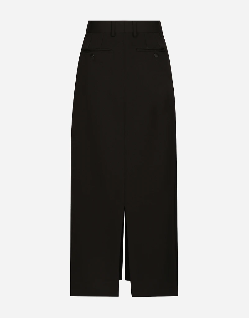 Wool gabardine calf-length tuxedo pencil skirt