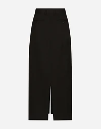 Wool gabardine calf-length tuxedo pencil skirt
