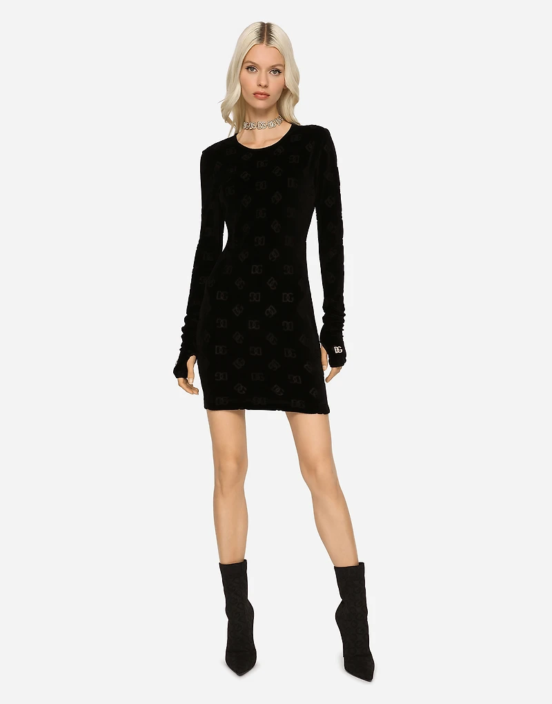 Short flocked jersey dress with all-over DG logo