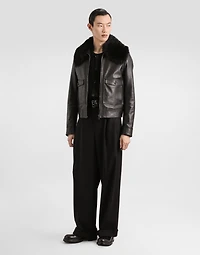 Leather jacket with fur collar