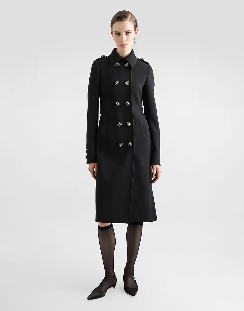 Double-breasted wool coat with bejeweled buttons