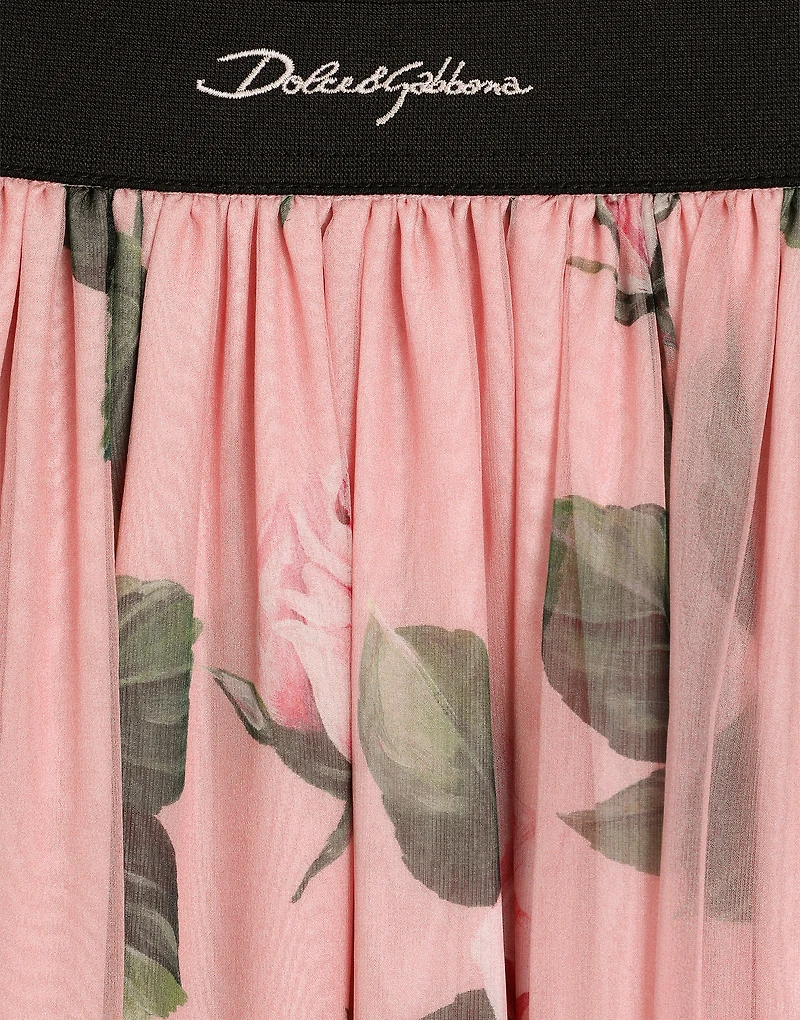 Chiffon pants with rose print and Dolce&Gabbana logo