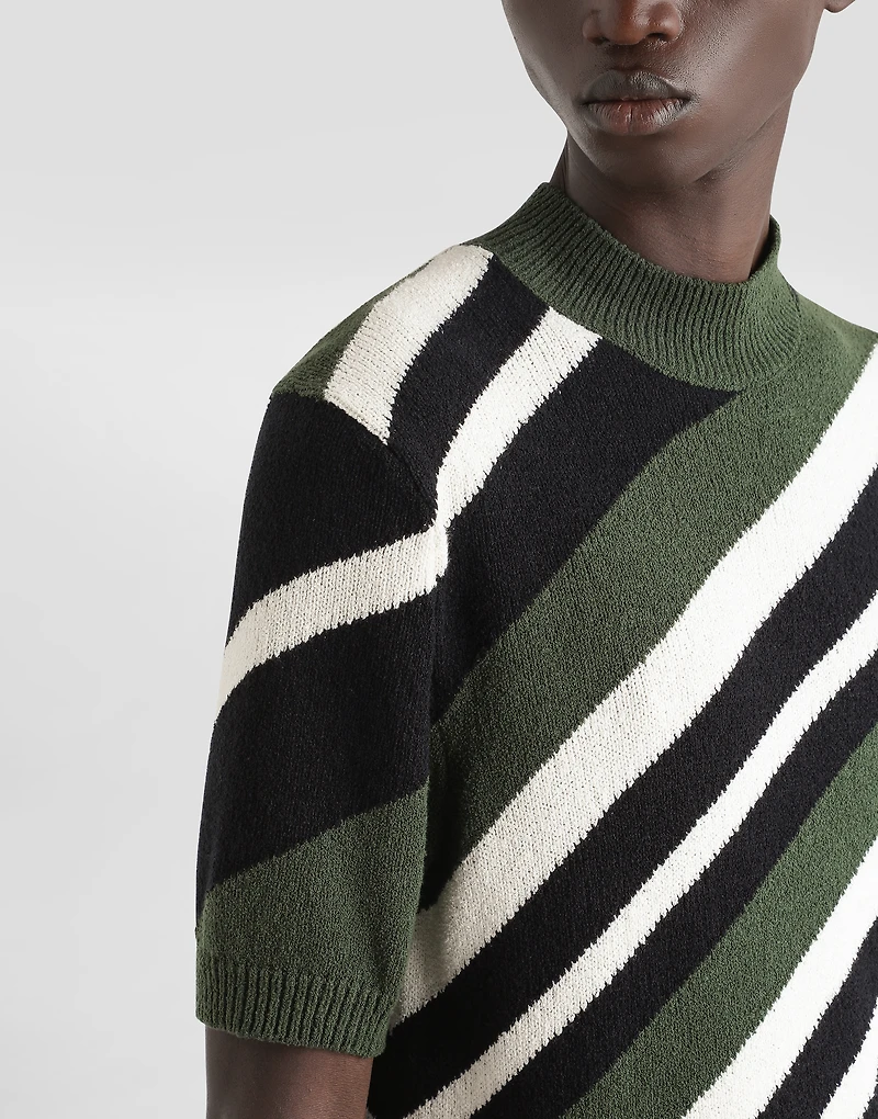 Short-sleeved cotton mock-turtleneck with striped inlay
