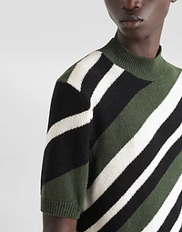 Short-sleeved cotton mock-turtleneck with striped inlay