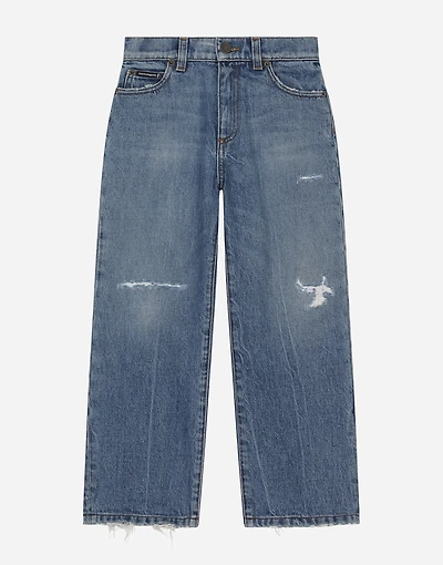 5-pocket treated denim jeans with logo tag