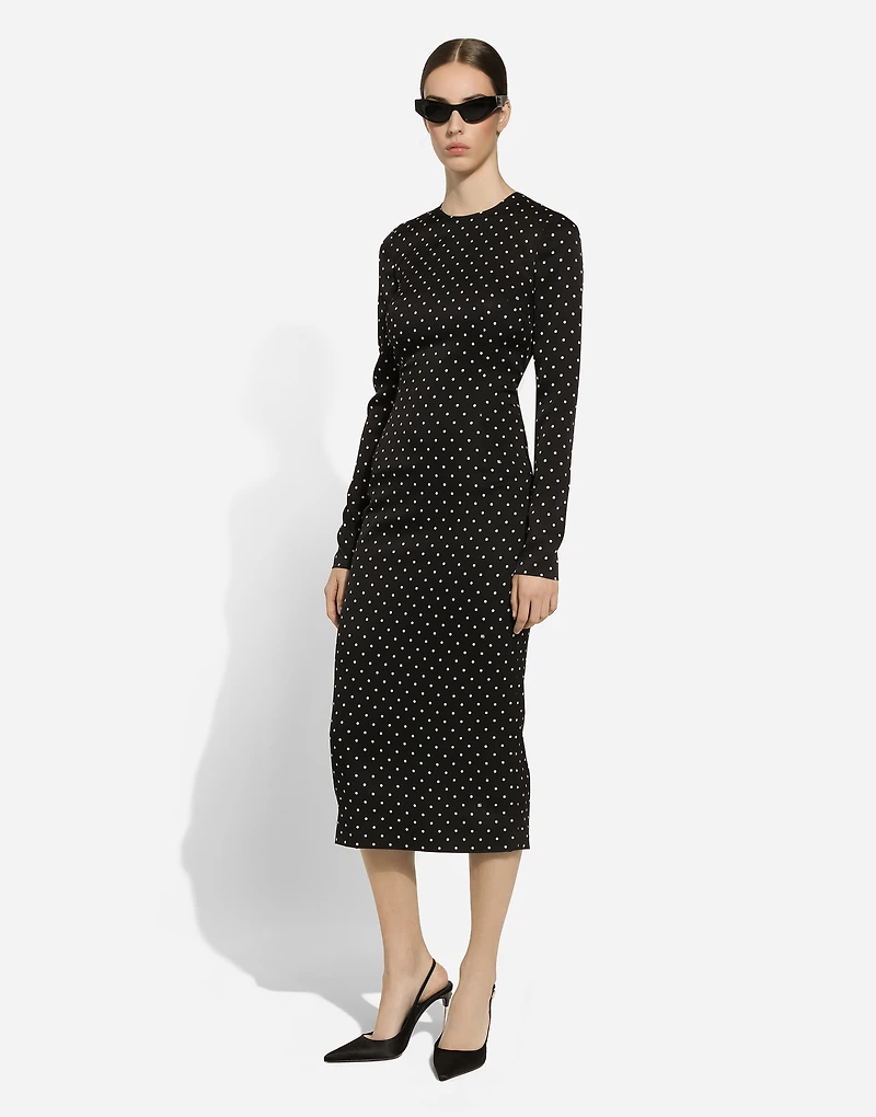 Charmeuse calf-length sheath dress with polka-dot print