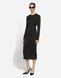 Charmeuse calf-length sheath dress with polka-dot print