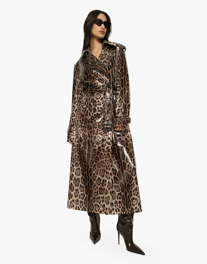Leopard-print coated sateen trench coat