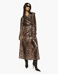 Leopard-print coated sateen trench coat