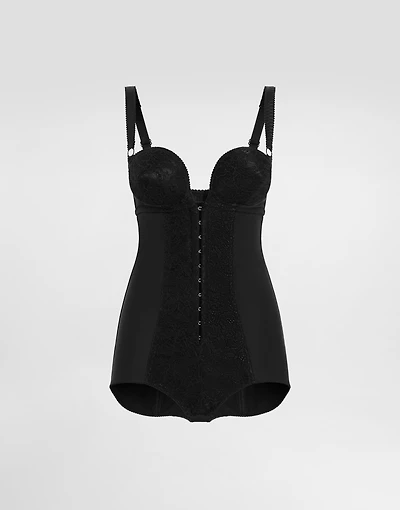 Lace and elasticated fabric bodysuit with deep neckline conical cups